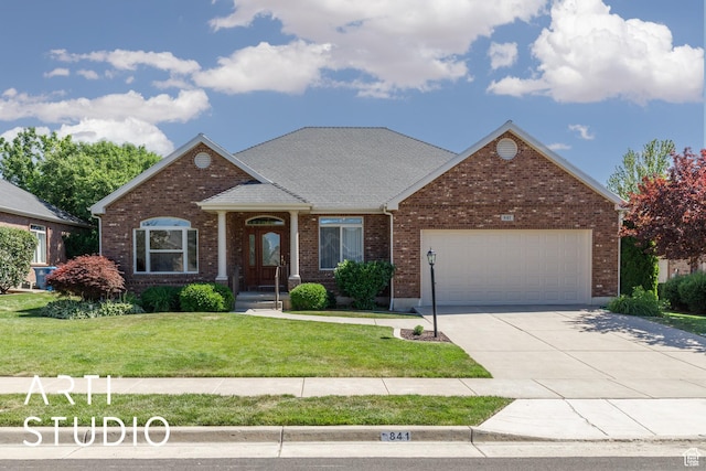 841 E 5875 S, South Ogden, UT 84405 - view of front of property featuring an attached garage, a front lawn, concrete driveway, and brick siding