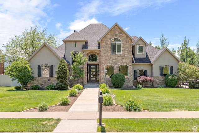 665 E 3550 N, North Ogden, UT 84414 - french country inspired facade featuring stucco siding, stone siding, a front lawn, and roof with shingles