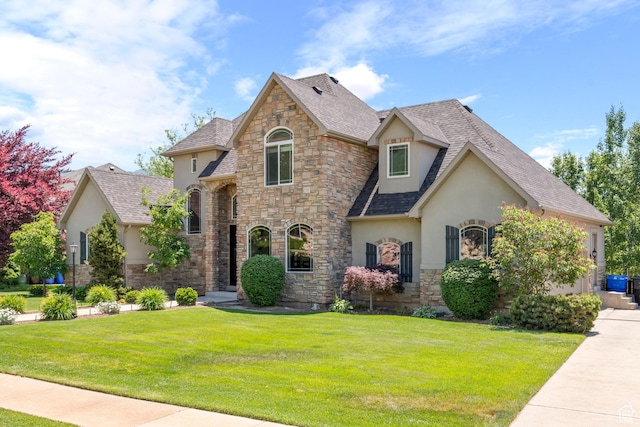665 E 3550 N, North Ogden, UT 84414 - french country style house featuring stucco siding, stone siding, a front lawn, and a shingled roof