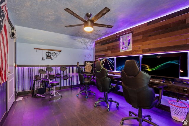 665 E 3550 N, North Ogden, UT 84414 - office with ceiling fan, wood finished floors, a textured ceiling, and wooden walls