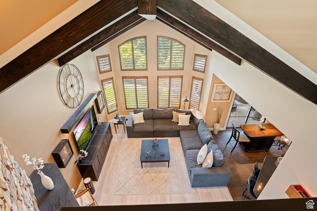 665 E 3550 N, North Ogden, UT 84414 - living area with high vaulted ceiling, beamed ceiling, and wood finished floors