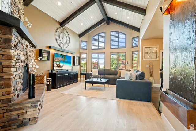 665 E 3550 N, North Ogden, UT 84414 - living area with high vaulted ceiling, wood finished floors, beam ceiling, and recessed lighting