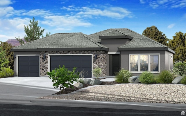 32 Rosalia Rdg, St George, UT 84770 - view of front facade with an attached garage, stucco siding, stone siding, and driveway