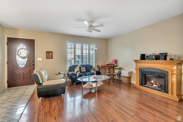 382 N Peach St, Santaquin, UT 84655 - living room featuring a ceiling fan, wood finished floors, and a glass covered fireplace