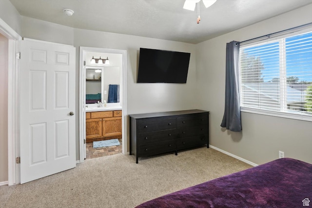 416 N 450 W, Clearfield, UT 84015 - bedroom with light colored carpet, ensuite bathroom, and a ceiling fan