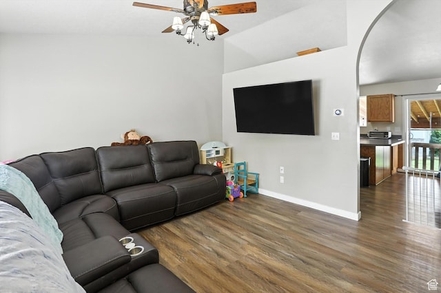 416 N 450 W, Clearfield, UT 84015 - living room with wood finished floors, a ceiling fan, and vaulted ceiling