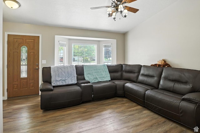 416 N 450 W, Clearfield, UT 84015 - living room with wood finished floors, a ceiling fan, and lofted ceiling