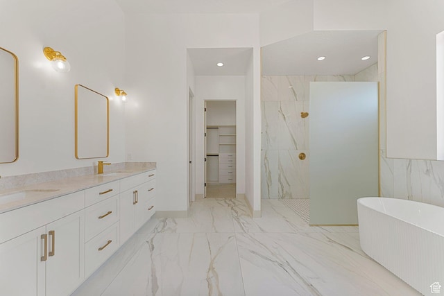 1762 S 920 W, Hurricane, UT 84737 - full bathroom with a marble finish shower, double vanity, a freestanding tub, marble finish flooring, and a spacious closet