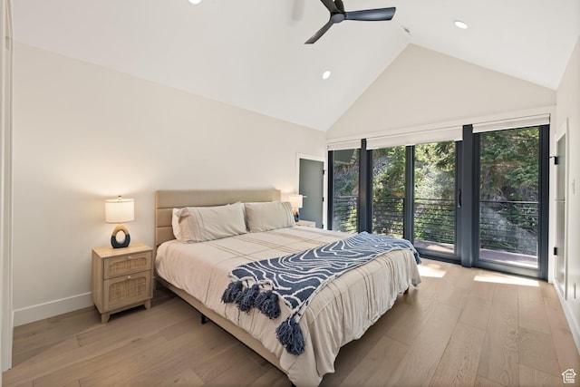 51 Daly Ave, Park City, UT 84060 - bedroom with access to exterior, high vaulted ceiling, light wood-type flooring, recessed lighting, and a ceiling fan