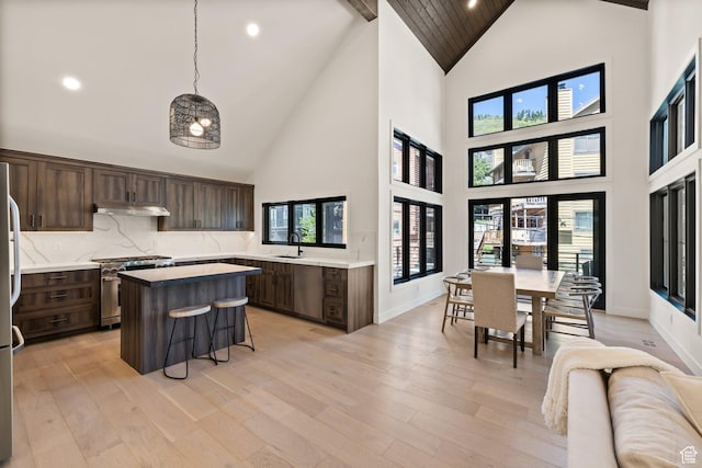 51 Daly Ave, Park City, UT 84060 - kitchen with stainless steel appliances, high vaulted ceiling, a kitchen island, a kitchen breakfast bar, and dark brown cabinets