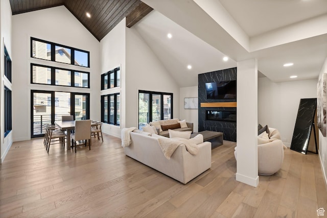 51 Daly Ave, Park City, UT 84060 - living area featuring a premium fireplace, light wood-style floors, high vaulted ceiling, and recessed lighting