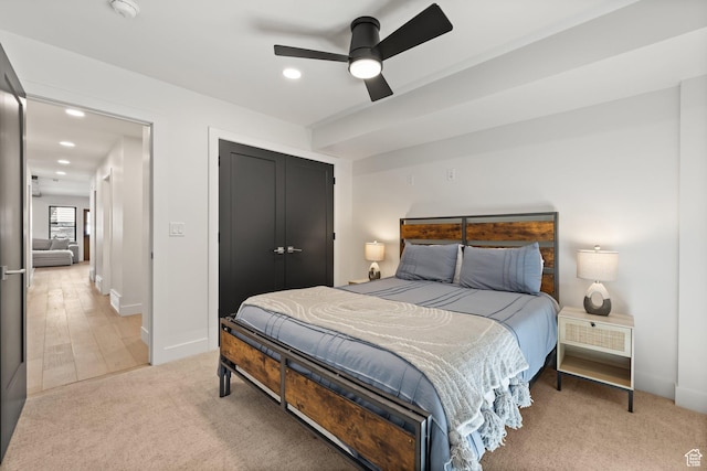 51 Daly Ave, Park City, UT 84060 - bedroom featuring recessed lighting, light colored carpet, a closet, and a ceiling fan