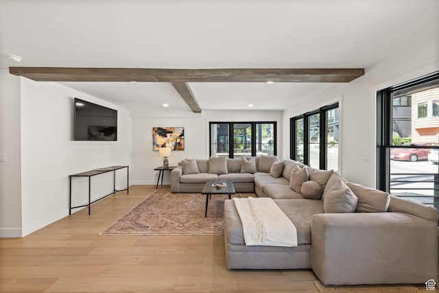 51 Daly Ave, Park City, UT 84060 - living area with beamed ceiling, light wood finished floors, and recessed lighting