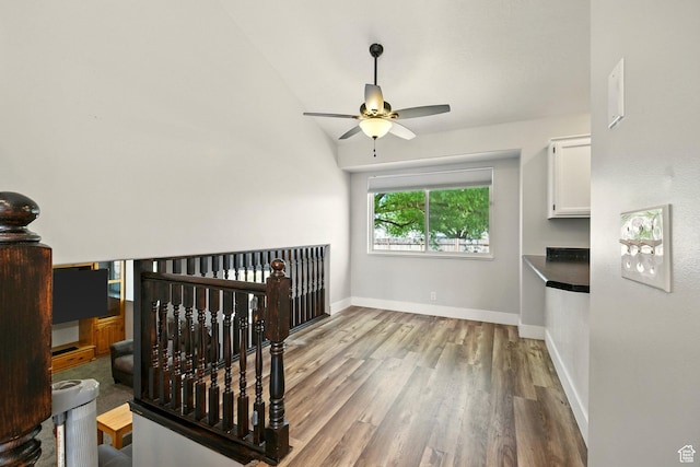 1260 S Riverview Dr, Garland, UT 84312 - interior space featuring a ceiling fan, wood finished floors, and lofted ceiling