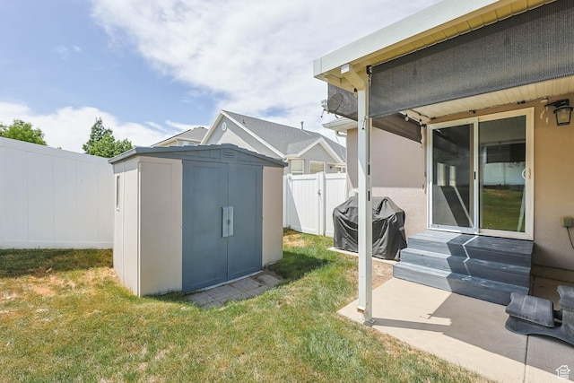 6743 W Spring Oak Dr, West Jordan, UT 84081 - view of yard featuring a shed and entry steps