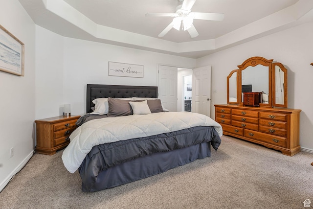 6743 W Spring Oak Dr, West Jordan, UT 84081 - bedroom with carpet floors, a raised ceiling, and a ceiling fan