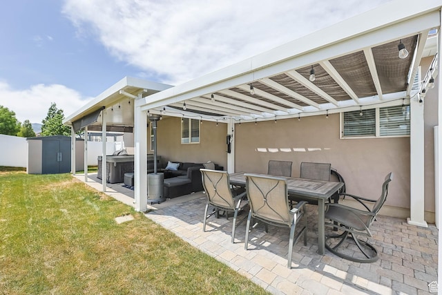 6743 W Spring Oak Dr, West Jordan, UT 84081 - view of patio featuring a hot tub, an outdoor living space, and outdoor dining space