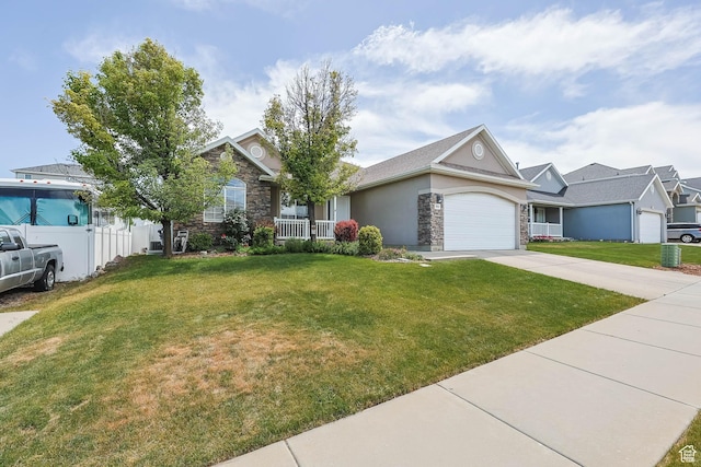 6743 W Spring Oak Dr, West Jordan, UT 84081 - ranch-style house featuring stone siding, a front lawn, a garage, concrete driveway, and stucco siding