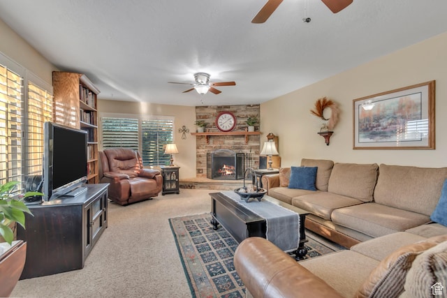 955 W Charlotte Dr, South Jordan, UT 84095 - living room featuring ceiling fan, carpet floors, and a stone fireplace