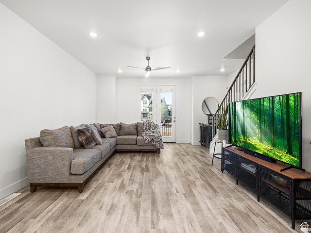 6191 W S Jordan Pkwy S Unit 286, South Jordan, UT 84009 - living room with light wood-style floors, recessed lighting, stairway, and a ceiling fan
