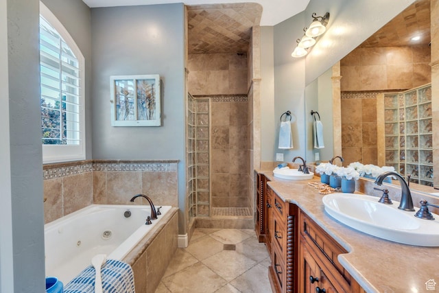 9967 N 6670 W, Highland, UT 84003 - bathroom with double vanity, a tub with jets, a shower stall, and plenty of natural light