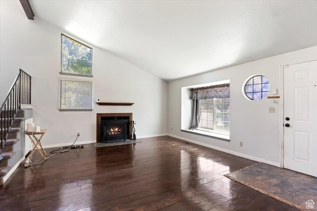 1423 S 1175 E Unit 1, Ogden, UT 84404 - unfurnished living room featuring stairs, a fireplace with flush hearth, hardwood / wood-style flooring, and high vaulted ceiling