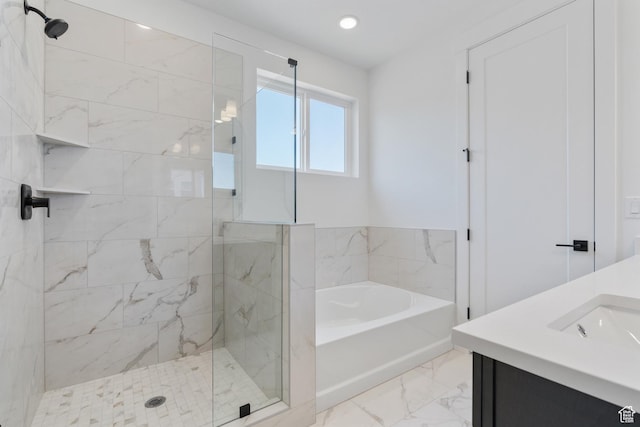 1344 W View Dr S, Santaquin, UT 84655 - bathroom with a bath, a marble finish shower, marble look tiles, vanity, and recessed lighting