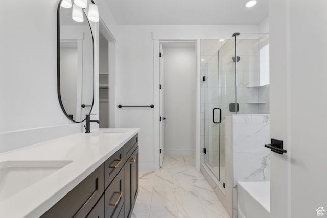 1344 W View Dr S, Santaquin, UT 84655 - full bath featuring marble look tiles, double vanity, a stall shower, recessed lighting, and a tub to relax in