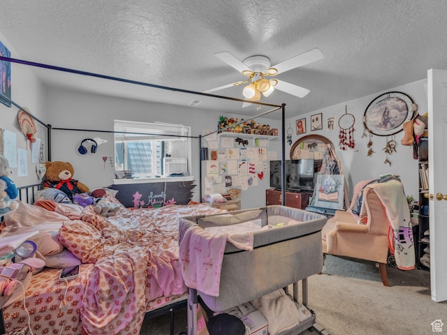 6126 S Middlewood Cir W, Salt Lake City, UT 84118 - bedroom with carpet flooring, a textured ceiling, and a ceiling fan