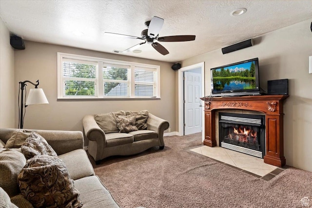 1430 W 6720 S, West Jordan, UT 84084 - living area with light carpet, ceiling fan, a fireplace with flush hearth, and a textured ceiling
