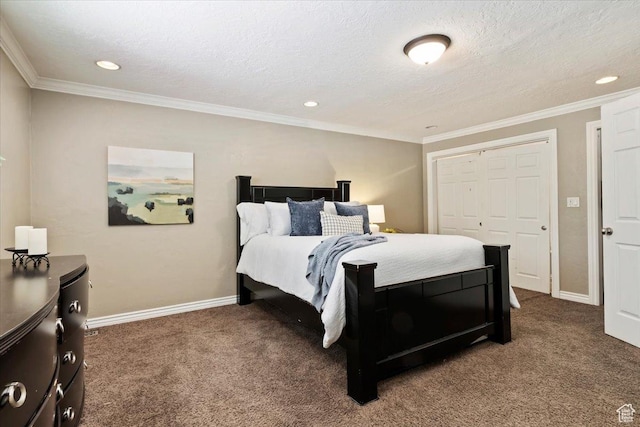 1430 W 6720 S, West Jordan, UT 84084 - bedroom with carpet floors, recessed lighting, a textured ceiling, crown molding, and a closet