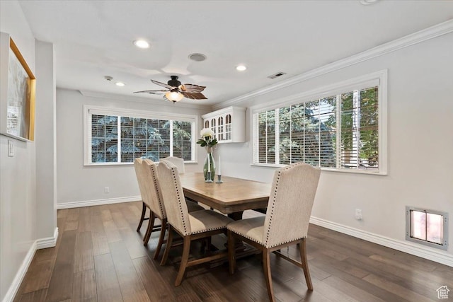 1430 W 6720 S, West Jordan, UT 84084 - dining space with ornamental molding, dark wood-type flooring, ceiling fan, and recessed lighting
