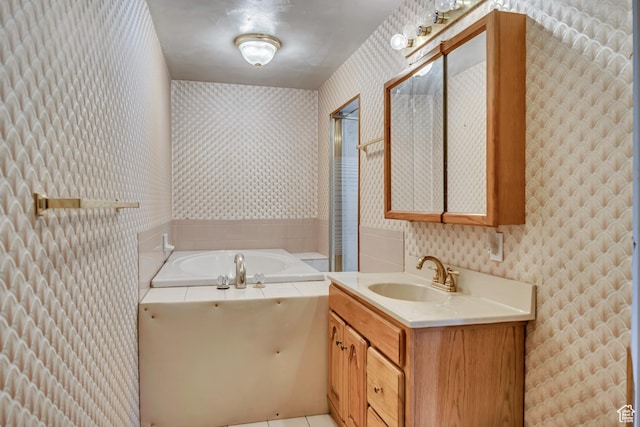 787 E 4800 S, Murray, UT 84107 - full bath featuring wallpapered walls, vanity, a bath, and tile patterned floors
