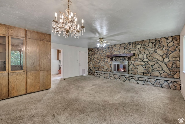 787 E 4800 S, Murray, UT 84107 - unfurnished living room with ceiling fan, carpet flooring, a chandelier, and a fireplace