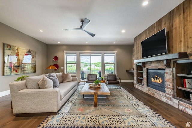 1773 E Longview Dr, Hideout, UT 84036 - living room with a stone fireplace, wood finished floors, ceiling fan, and recessed lighting