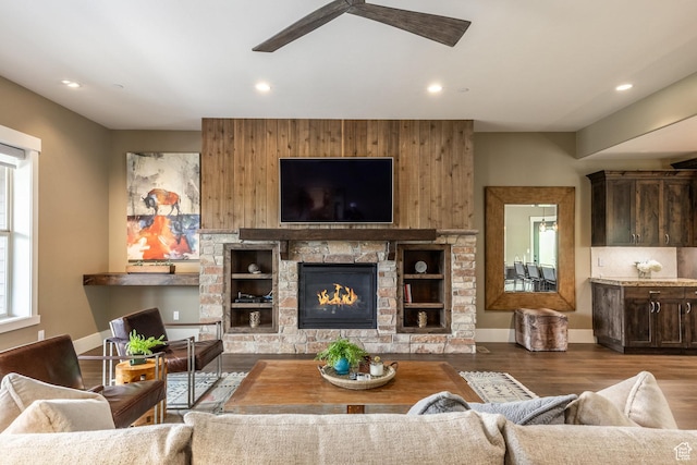 1773 E Longview Dr, Hideout, UT 84036 - living area with ceiling fan, wood finished floors, recessed lighting, and a fireplace