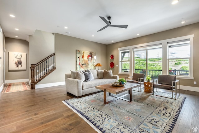 1773 E Longview Dr, Hideout, UT 84036 - living area with stairway, wood finished floors, a ceiling fan, and recessed lighting