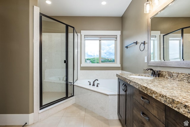 1773 E Longview Dr, Hideout, UT 84036 - full bath featuring vanity, a bath, a shower stall, tile patterned floors, and recessed lighting