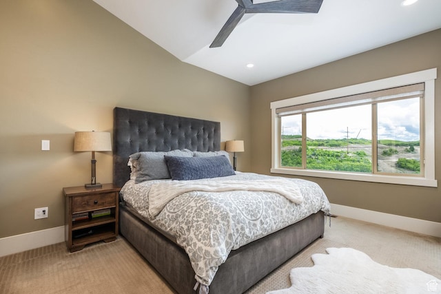 1773 E Longview Dr, Hideout, UT 84036 - bedroom featuring light colored carpet, recessed lighting, lofted ceiling, and ceiling fan