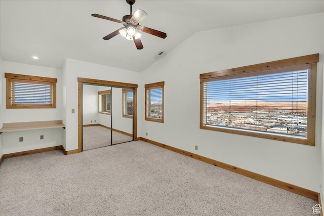 393 N Crestline Cir, St George, UT 84790 - unfurnished bedroom featuring carpet, vaulted ceiling, a closet, recessed lighting, and a ceiling fan