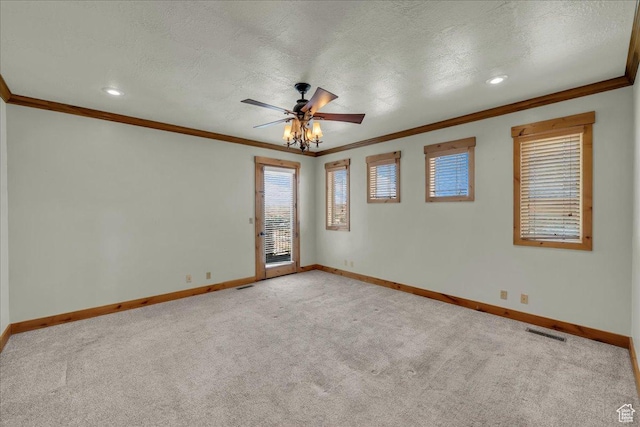 393 N Crestline Cir, St George, UT 84790 - unfurnished room with crown molding, ceiling fan, light colored carpet, a textured ceiling, and recessed lighting