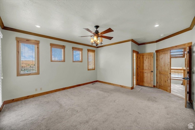 393 N Crestline Cir, St George, UT 84790 - unfurnished bedroom featuring carpet flooring, crown molding, recessed lighting, and a ceiling fan