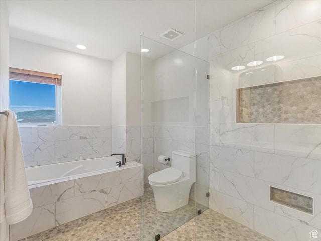 430 E 2010 S, Heber City, UT 84032 - bathroom with a bath, walk in shower, recessed lighting, tile walls, and tile patterned flooring