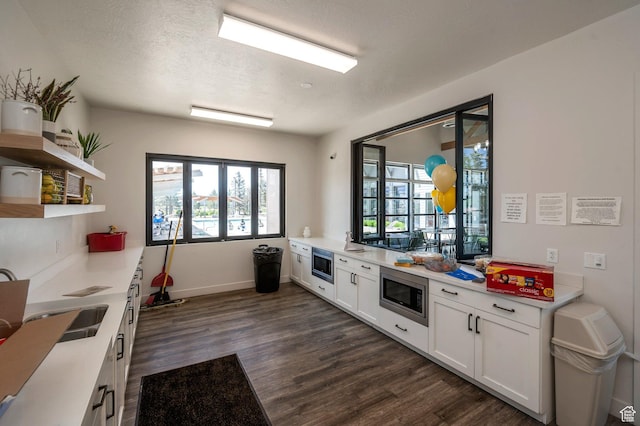 55 W Silver Springs Dr Unit F, Vineyard, UT 84059 - kitchen featuring stainless steel microwave, dark wood-style floors, white cabinets, and a textured ceiling
