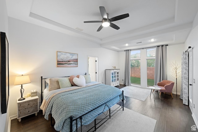 250 N Snow Canyon Dr Unit 16, Ivins, UT 84738 - bedroom featuring a tray ceiling, access to outside, dark wood-style floors, and ceiling fan