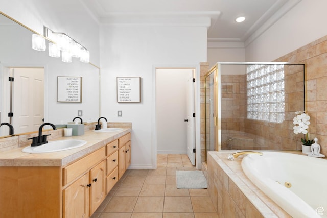 250 N Snow Canyon Dr Unit 16, Ivins, UT 84738 - full bathroom with a shower stall, a tub with jets, double vanity, ornamental molding, and tile patterned flooring