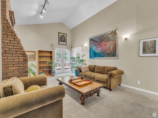 789 Richmond Dr, Park City, UT 84098 - carpeted living room with rail lighting, french doors, and high vaulted ceiling