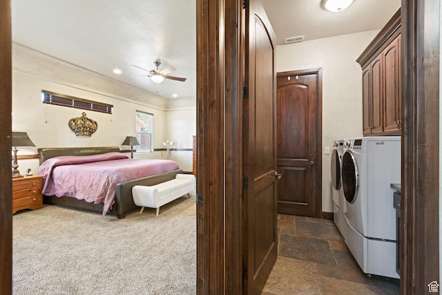 1883 S Purple Sage Dr, Washington, UT 84780 - washroom featuring independent washer and dryer, cabinet space, ceiling fan, and dark stone finish flooring
