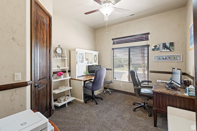 1883 S Purple Sage Dr, Washington, UT 84780 - home office with ceiling fan, carpet, and a textured wall