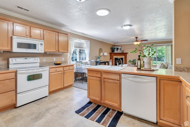 1408 W Westbridge Dr S, Provo, UT 84601 - kitchen featuring white appliances, crown molding, healthy amount of natural light, a peninsula, and a textured ceiling